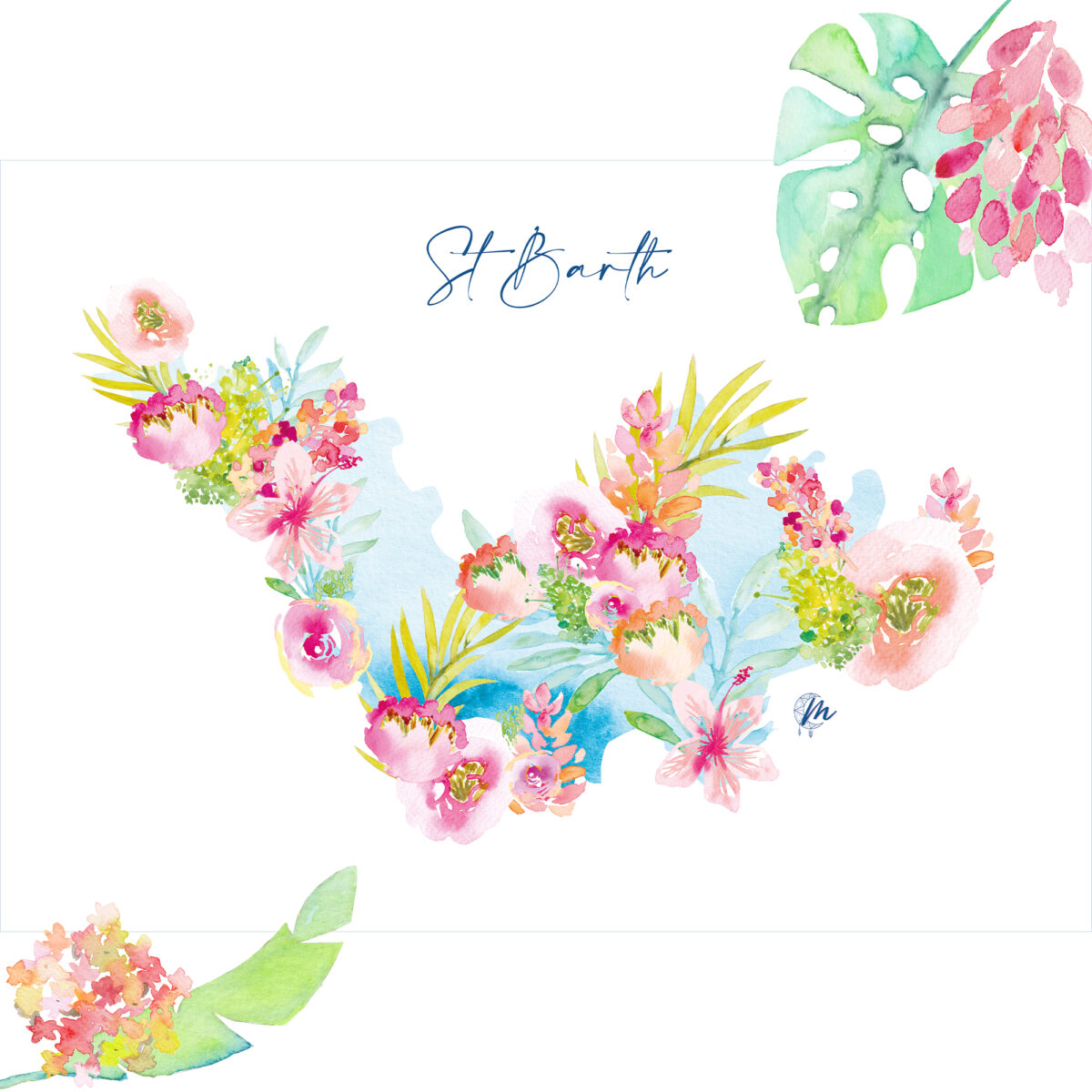 Carte aux Fleurs à l'aquarelle de Saint-Barthélemy - MOON ST BARTH - Illustration