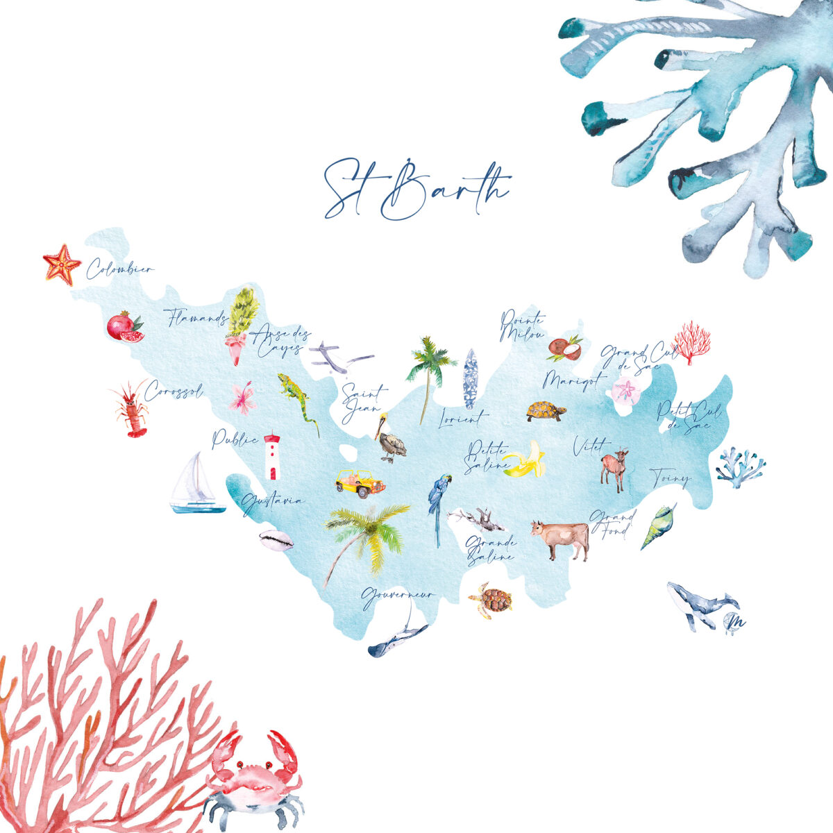 Carte Bleue des Quartiers à l'aquarelle de Saint-Barthélemy - MOON ST BARTH - Illustration