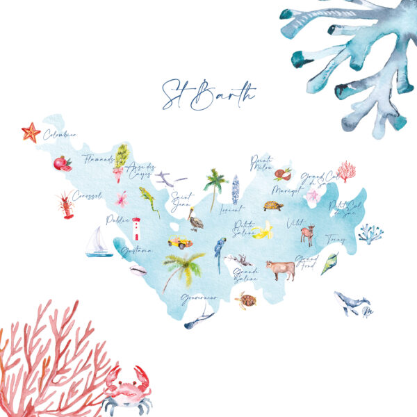 Carte Bleue des Quartiers à l'aquarelle de Saint-Barthélemy - MOON ST BARTH - Illustration