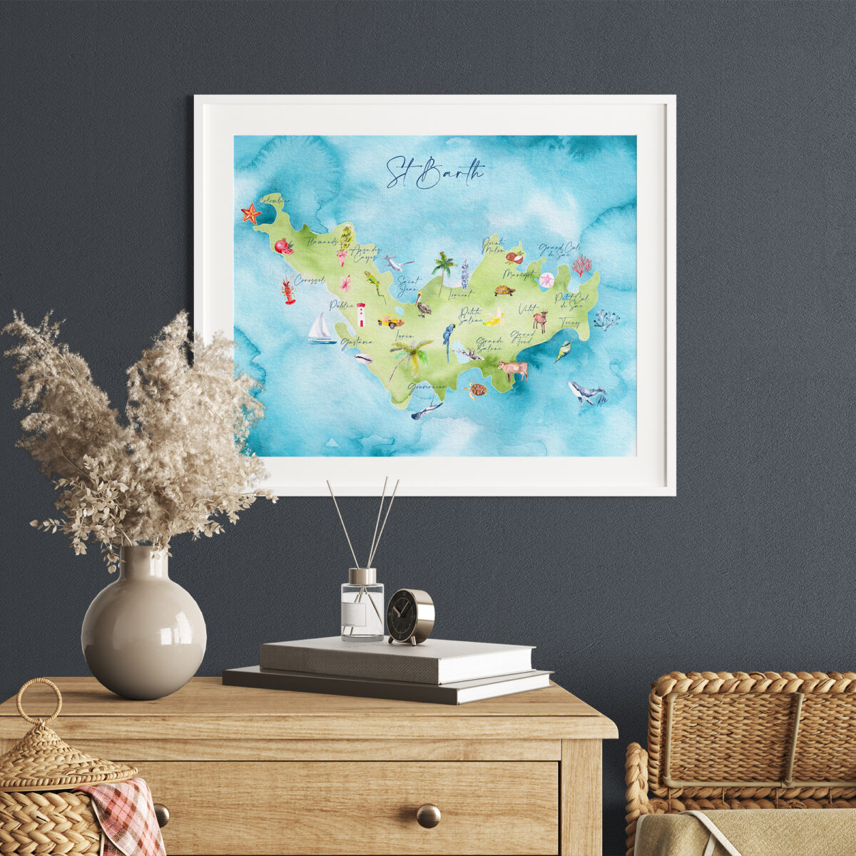 Carte à l'aquarelle de Saint-Barthélemy - MOON ST BARTH - Illustration