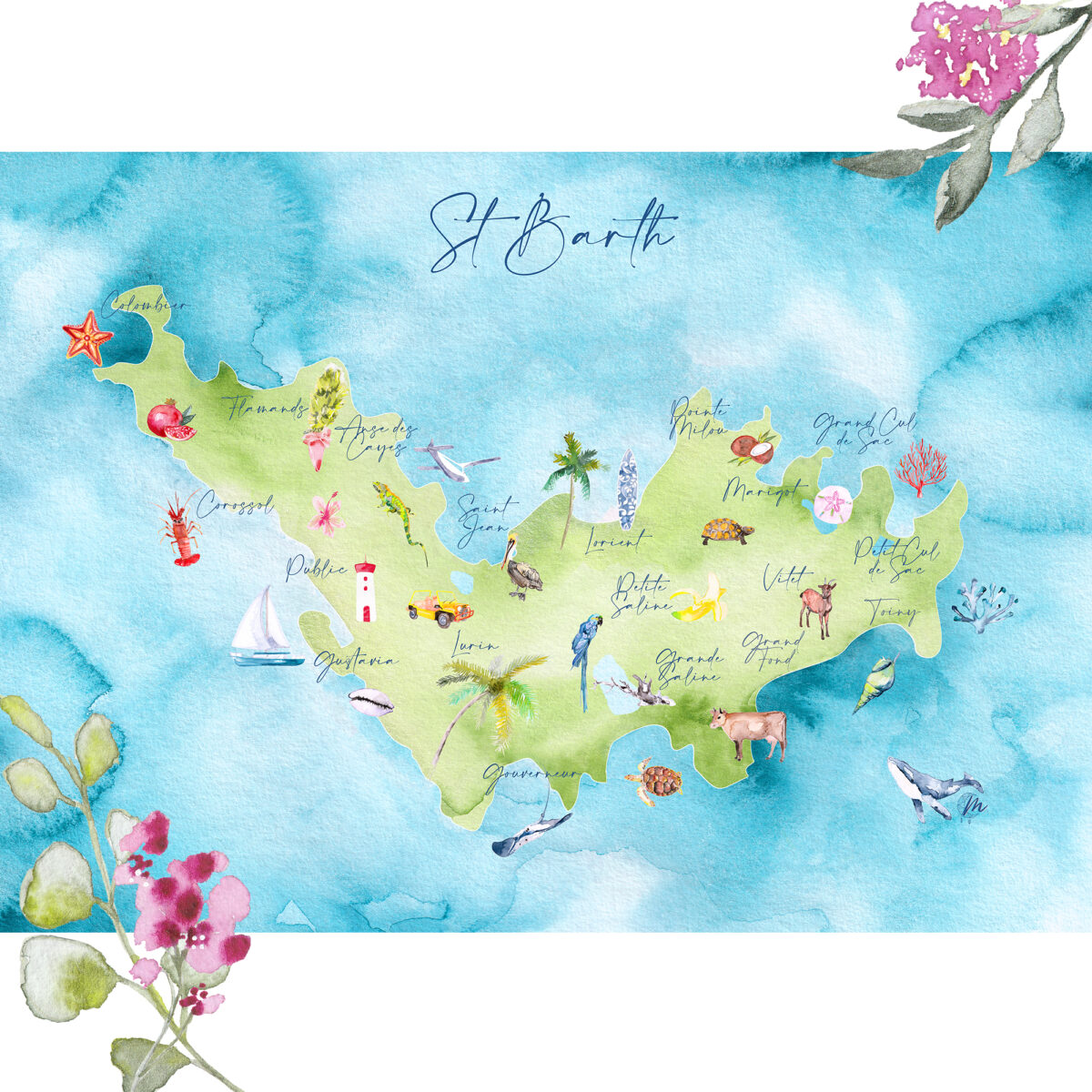 Carte à l'aquarelle de Saint-Barthélemy - MOON ST BARTH - Illustration