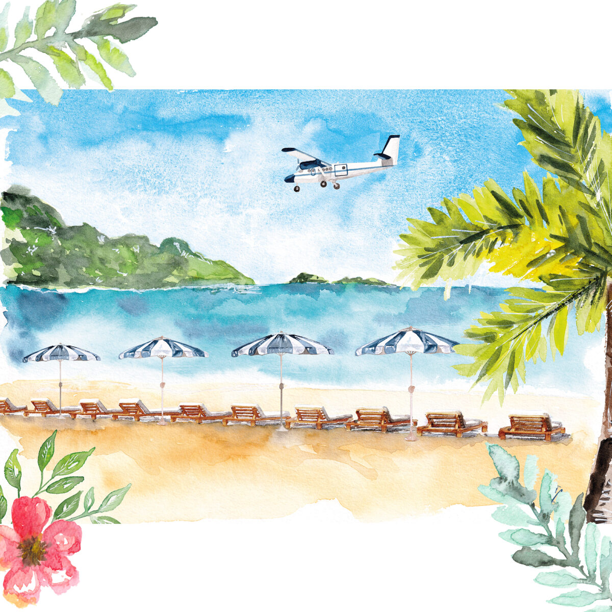 Aquarelle de Saint-Barthélemy : Plage de Saint-Jean - Moon St Barth - Illustration