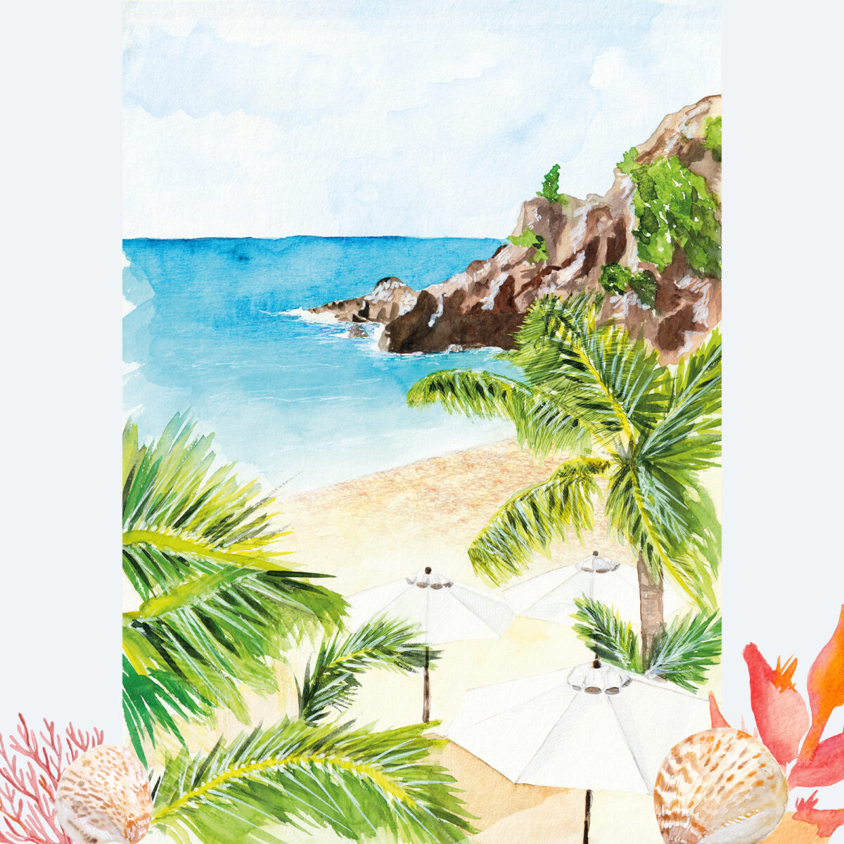 Aquarelle de Saint-Barthélemy : Plage de Shell Beach - Moon St Barth - Illustration