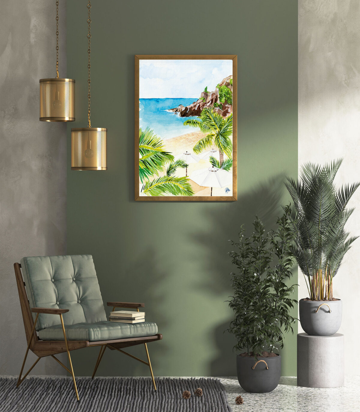 Aquarelle de Saint-Barthélemy : Plage de Shell Beach - Moon St Barth - Illustration