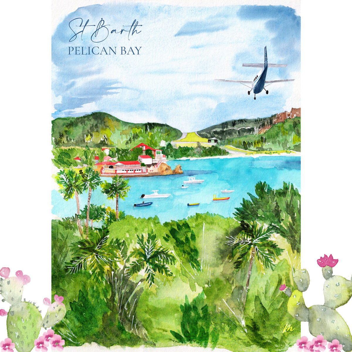 Aquarelle de Saint-Barthélemy : Pelican Bay - Plage de Pélican - Moon St Barth - Illustration