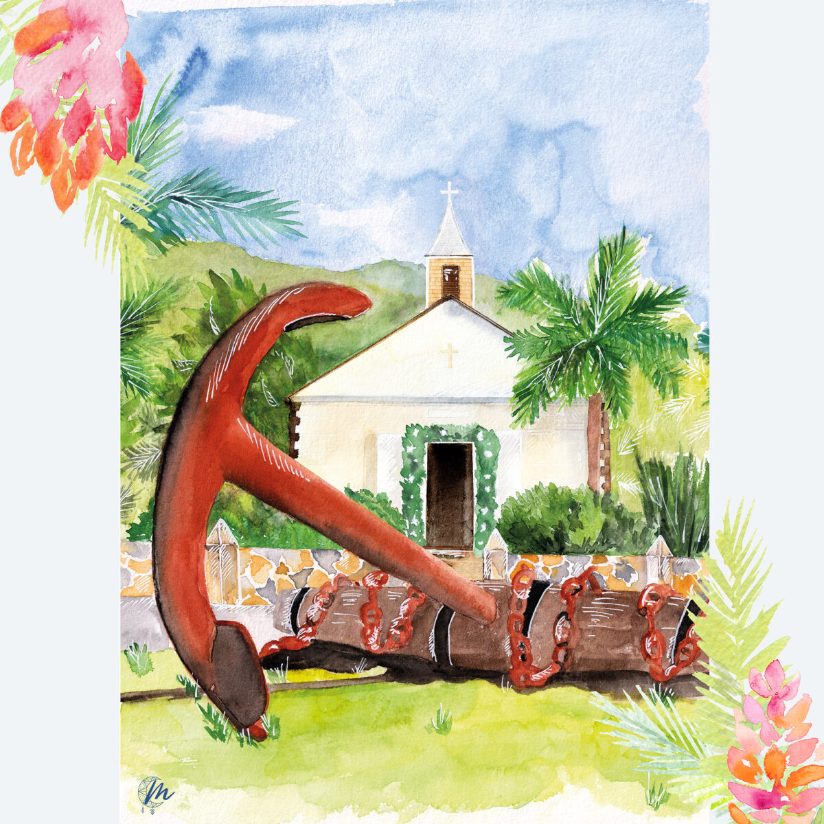 Aquarelle de l’Église Anglicane à Saint-Barthélemy - MOON ST BARTH - Illustration